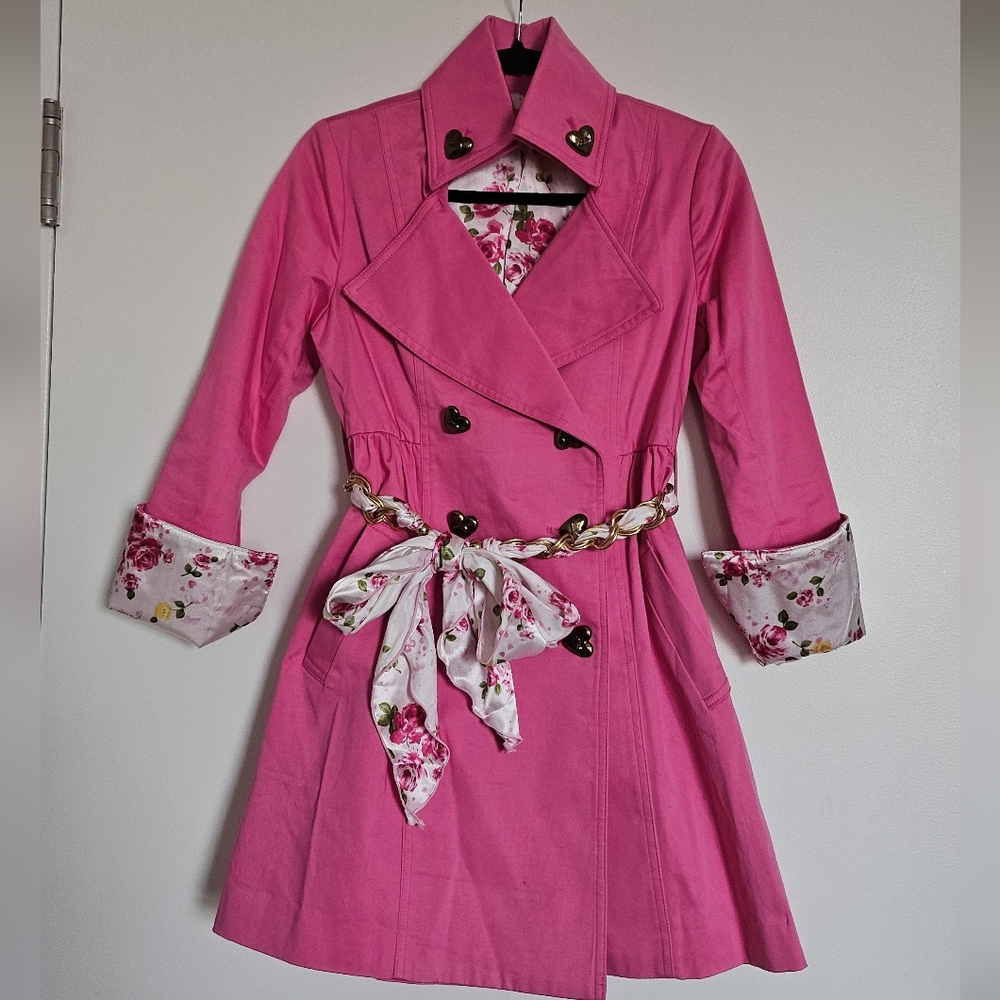 Rare Ma*rs Gyaru Hot Pink Double-Breasted Trench Coat With Gold Heart Buttons